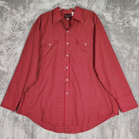 Plains Western Wear Shirt Mens XL Red Plaid Pearl Snap Long Sleeve Cowboy Rodeo - Picture 2 of 7